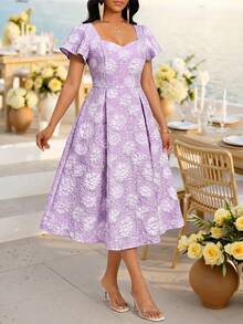 SHEIN Lady Women's Purple Jacquard Short Sleeve V Neck A-Line Swing Fit Flare Elegant Midi Dress Belted Party Cocktail Formal Wedding Guest Church Going Out Fall - Purple - View 6