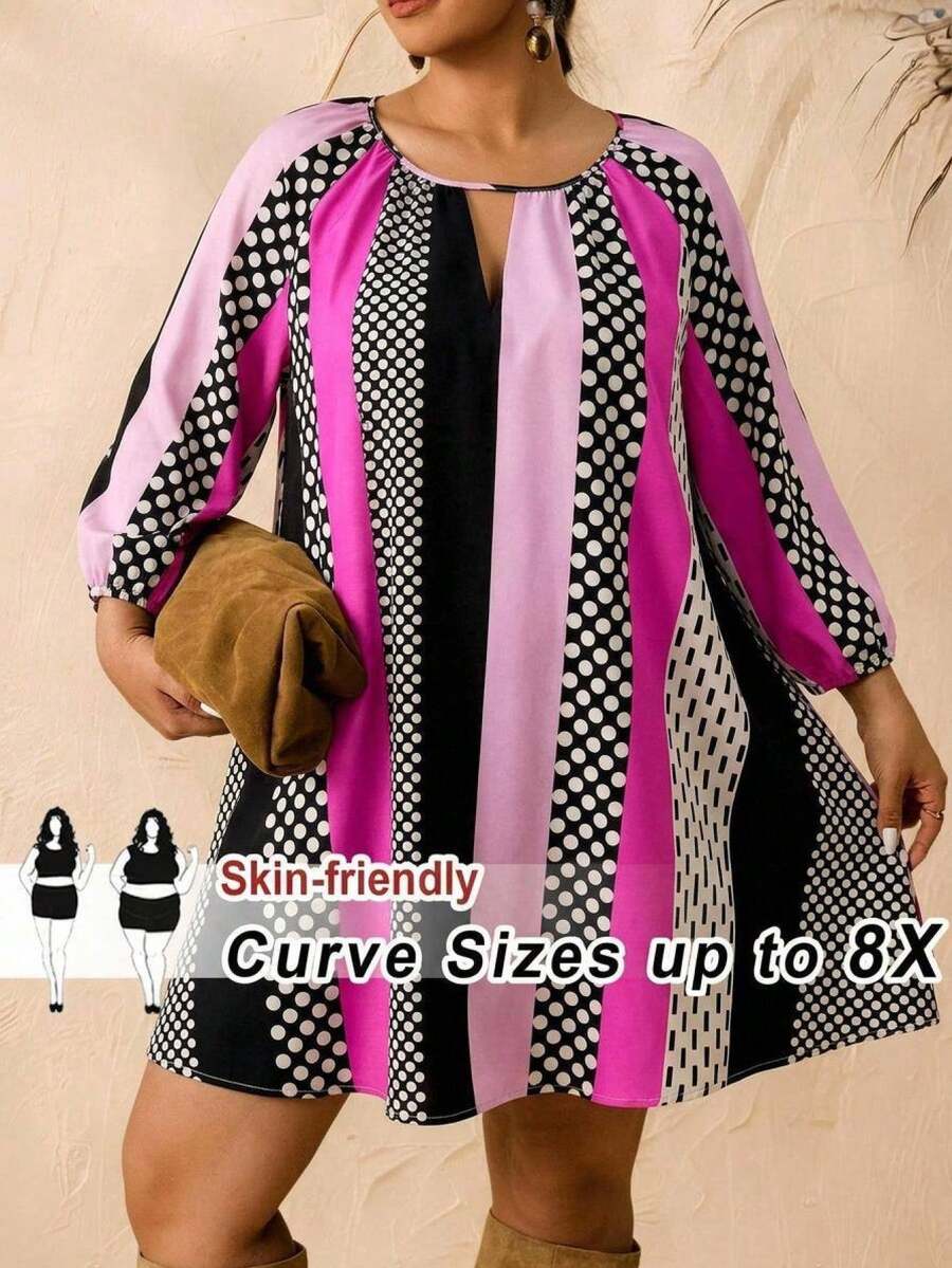 SHEIN CURVE+ 大尺碼度假風寬鬆條紋波點印花拼接時尚洋裝 - 黑與白 - 查看 1