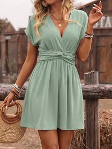 SHEIN Holidaya Women's Mint Green Mix-And-Match Collar Dropped Shoulder Cuffed Sleeve Waist Knot Cinched Waist Back Ruched Elastic Short Dress, Exquisite Elegant Casual French Romantic Vacation Vintage Office Commute Workplace Women's Beach Style European And American Style Casual Seaside Street Style Minimalist Versatile Dress, Afternoon Tea Party Valentine's Day Wedding Season Spring Summer New - Mint Green - View 7