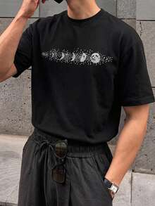 DAZY Men's Rhinestone Moon Pattern Crew Neck Short Sleeve Casual T-Shirt Summer - Black - View 2
