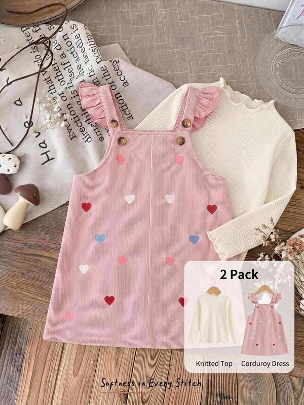 Cozy Pixies Conjunto de 2 piezas para bebé niña con top de punto de color liso, cuello redondo, manga larga y vestido jumper con tirantes