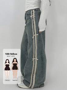 Dazy Petite Curve Color Block Patchwork Webbing Bow Decor Loose Wide Leg Denim Girls Clothing Denim Long Pants All Season Plus Size Petite Women Jeans - Medium Wash - View 1