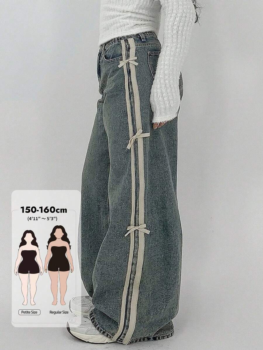 Dazy Petite Curve Color Block Patchwork Webbing Bow Decor Loose Wide Leg Denim Girls Clothing Denim Long Pants All Season Plus Size Petite Women Jeans - Medium Wash - View 1