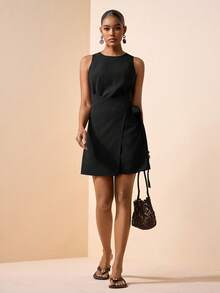 Zivah Women's Summer Casual Elegant Solid Color Tie Wrap Mini Dress Vacation Black - Black - View 8