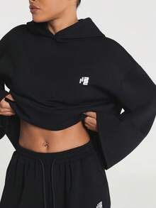 11SKNDS Oversized Cropped Hoodie With Wide Sleeves And Logo Detail, Relaxed Fit Pullover Sweatshirt For Casual Fall Winter Everyday Wear - Black - View 3