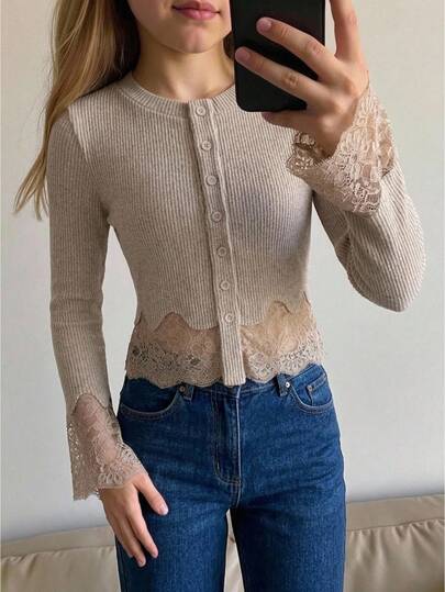 SHEIN Áo thun thời trang tay dài cài nút đơn phối ren cho bé gái tuổi teen, thu/đông