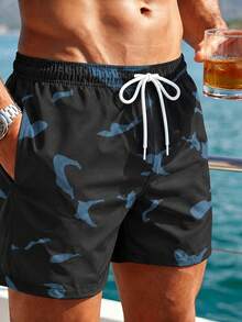Naviga Onda Plus Size Men's Camouflage Print Drawstring Waist Beach Shorts Holiday / Vacation / Beach / Hawaii / Tropical / Swim /  Bathing - Black - View 3