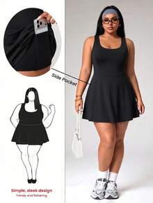 Easithlete Plus Size Women's Spring/Summer Sports Dress, Black Fitted U-Back Criss-Cross Ruffle Hem With Separate Shorts And Pockets, Athletic Gym - Black - View 1