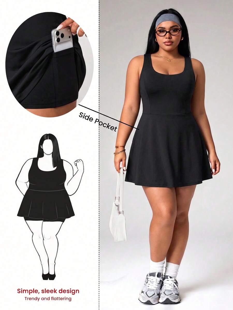 Easithlete Plus Size Women's Spring/Summer Sports Dress, Black Fitted U-Back Criss-Cross Ruffle Hem With Separate Shorts And Pockets, Athletic Gym - Black - View 1