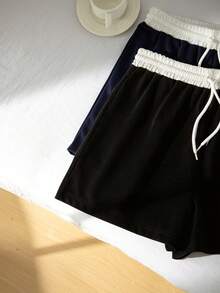 SHEIN 青少年女孩彈性腰圍時尚極簡寬鬆深藍黑色 2 件組針織運動衫與寬鬆休閒短褲套裝 夏季休閒街頭風 工作健身 海軍藍 - 彩色 - 查看 5