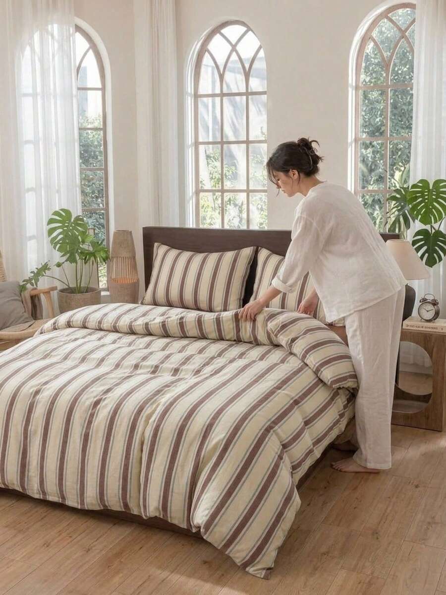 Cirelle 3pcs Retro Striped Duvet Cover Set, Polyester Bedding Set With 1 Duvet Cover And 2 Pillowcases, Soft Breathable Brown Stripes Comforter Cover For Bedroom Decor (No Insert) - Multicolor - View 1