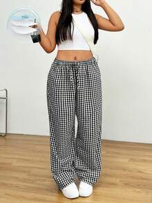 Muchica Plus Size Casual Loose Plaid Elastic Waist Wide-Leg Pants Fall - Black and White - View 3