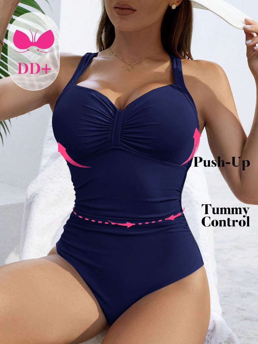 Voyashape Women's Solid Color Ruched One-Piece Swimsuit, Suitable For Beach Vacation, Pool Party, Beach Party Navy Blue Summer Elegant Bohemian - Navy Blue - View 1