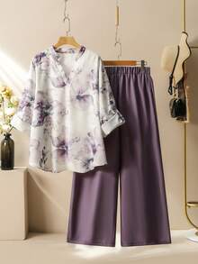 Modelyn Women's Tie Dye Print Top And Solid Color Wide Leg Pants Casual Comfortable Versatile Plus Size 2-Piece Set Fall - Multicolor - View 7