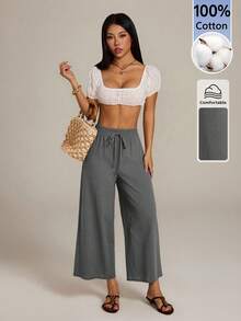 SHEIN PETITE 女款休閒純色寬鬆長褲，適合度假穿著 - 灰色 - 查看 6