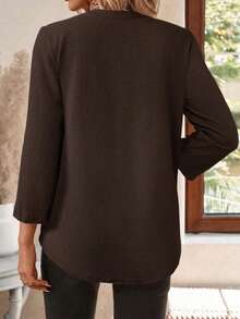 EMERY ROSE Camisa de trabajo para mujer con estampado integral, cuello con muesca y manga 3/4 para primavera/otoño - Café integral - Ver 2