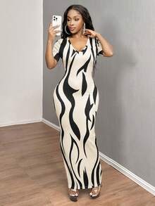 SHEIN SXY 女款純色V領修身短袖洋裝 HOCO舞會禮服 - 黑與白 - 查看 4