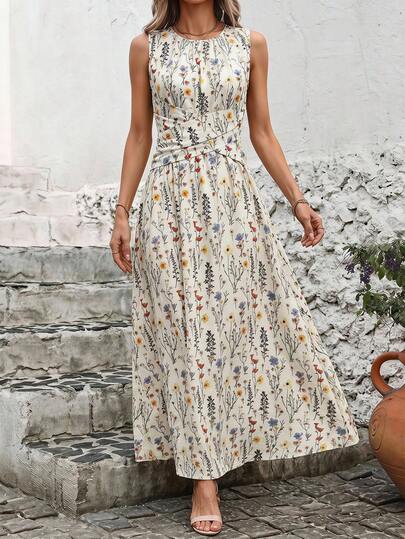 SHEIN Clasi Women's Vacation Casual Floral Print Sleeveless Dress