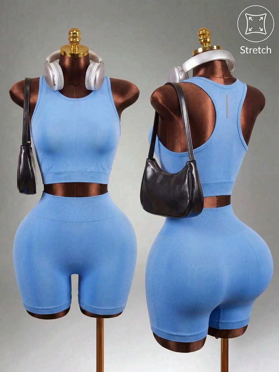 Mistrie Contrast Trim Crop Sports Workout Tank Tops Gym Top Fitted Shirt - Baby Blue - View 1