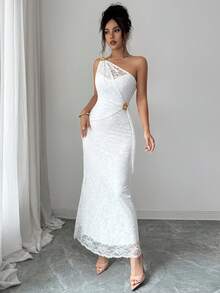 SHEIN Raffinéa Women's Elegant Romantic Lace Asymmetrical Shoulder Design Metal Flower Decor Bodycon Mermaid Dress Wedding Dinner Cocktail White Summer - White - View 5