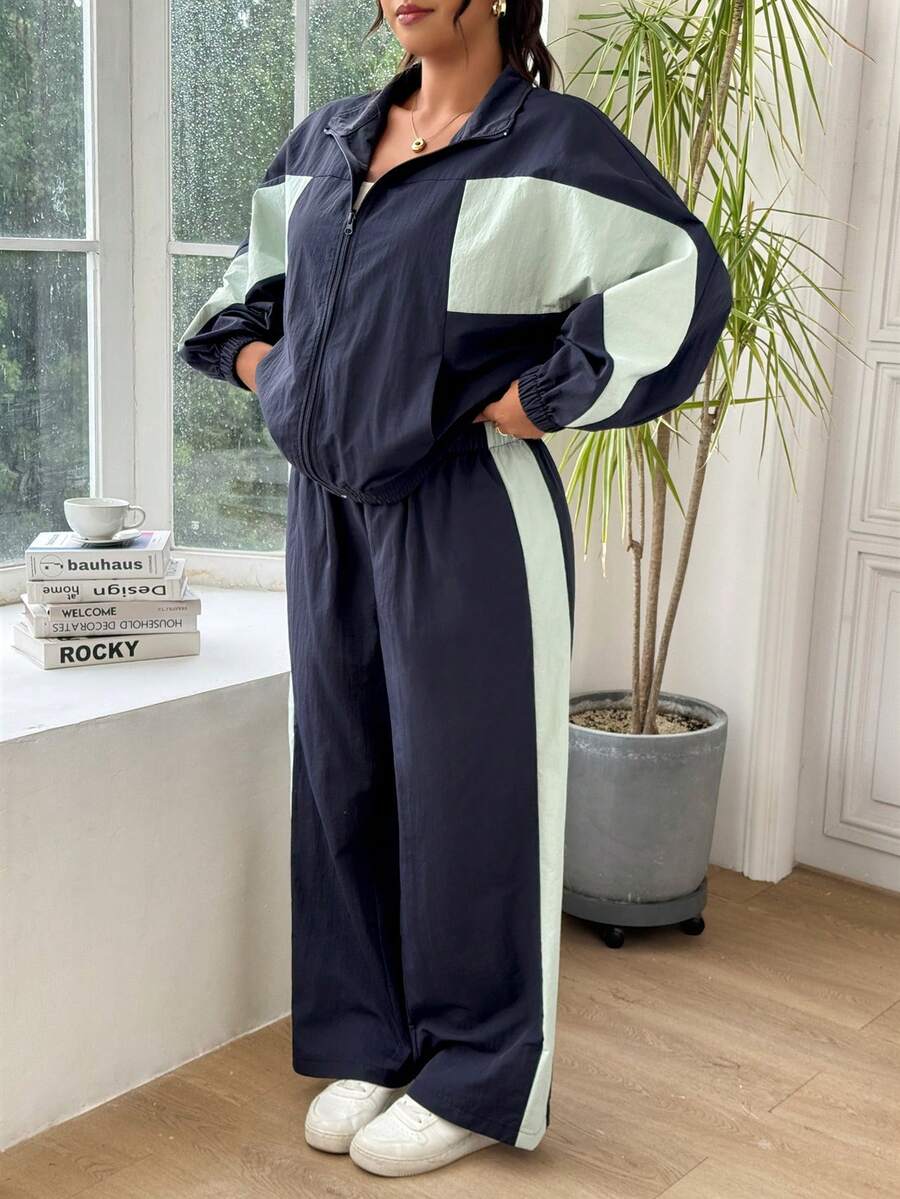 SHEIN EZwear 大尺碼女款拼色長袖拉鍊外套與鬆緊腰長褲兩件套 秋季