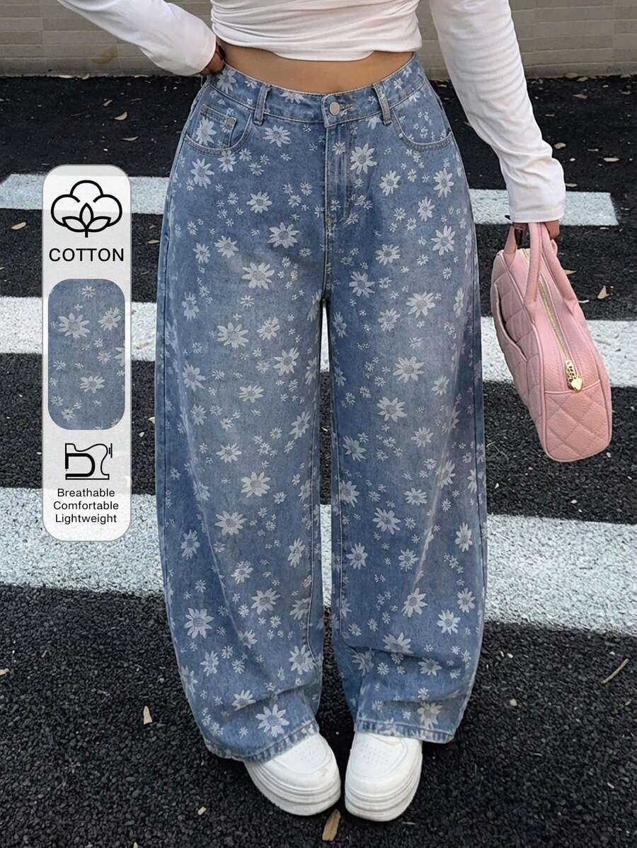 Dazy Plus 花卉印花直筒长款加大码女式牛仔裤 - 深色水洗藍 - 查看 1