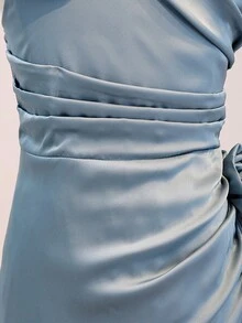 Tween女孩優雅開學季婚禮季高級緞面細肩帶洋裝，派對就緒 - 藍色 - 查看 4