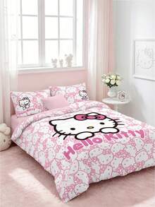 HELLO KITTY AND FRIENDS | SHEIN 3件組粉色完整版卡通圖案蝴蝶結裝飾被套組，卡通角色圖案，柔軟保暖材質，多尺寸適用單人床/雙人床/加大床/特大床，派對、節慶，可愛復古床上用品 - 淺粉色 - 查看 5
