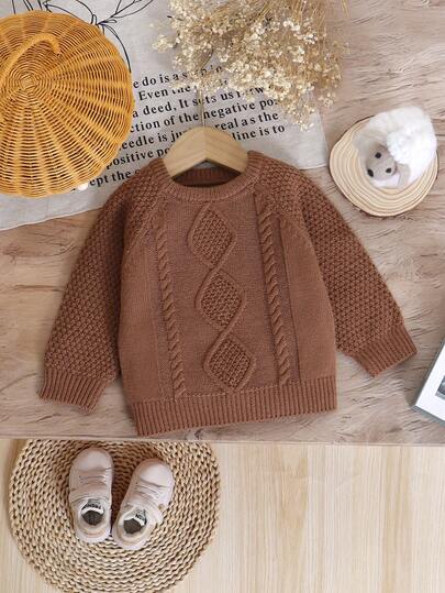 SHEIN 1 pezzo Maglione a trecce colore caramello autunno/inverno per bambini, maglione pullover morbido vintage con collo rotondo e maniche lunghe raglan, maglione base per neonati/bambini piccoli