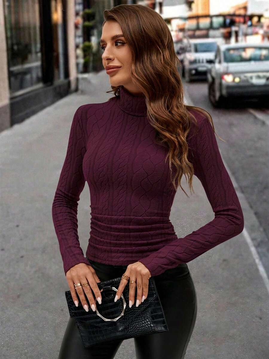 Editum Women's High Neck Jacquard Knit Ruched Slim Fit T-Shirt Everyday Going Out Holiday Burgundy Autumn Casual - Purple - View 1