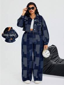 SHEIN SXY 冬季加大码女式牛仔蓝无弹力提花短袖外套，牛仔女郎风格夏季牛仔竞技 - 深色水洗藍 - 查看 2