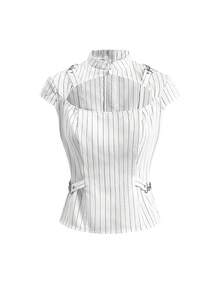 ROMWE Grunge Punk Blusa de mujer gótica con calados y decoración metálica, estilo vintage de nicho a rayas - Blanco - Ver 1