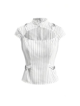 Grunge Punk Blusa de mujer gótica con calados y decoración metálica, estilo vintage de nicho a rayas