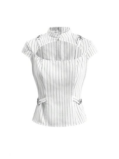 Grunge Punk Goth Hollow Out Women's Blouse With Metal Decor Striped Niche Vintage