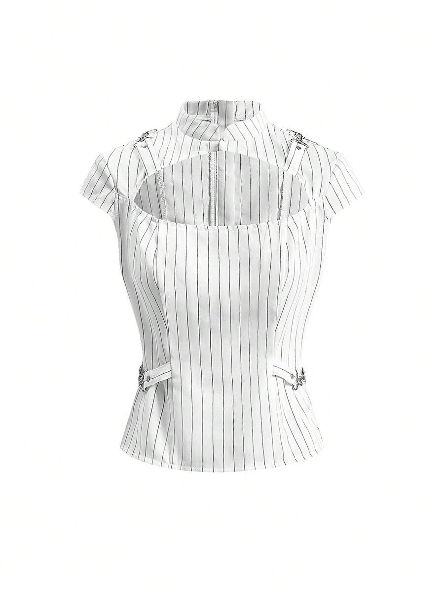 ROMWE Grunge Punk Blusa de mujer gótica con calados y decoración metálica, estilo vintage de nicho a rayas - Blanco - Ver 1