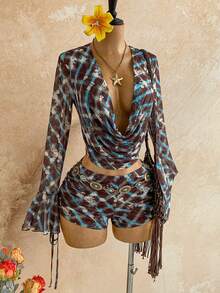 Soleia Draped Neck Mesh Plaid Drawstring Set Night Out Club Brown Plaid Autumn Sexy Holiday Outfits Western Outfits For Women - Multicolor - View 6