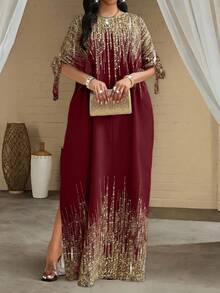 SHEIN Lady Plus Size White Short Sleeve Women's Vacation Robe, Loose Drape, Suitable For Vacation, Bridal Party, Beach, Tall Women's Slim Fit Long Dress - Burgundy - View 4