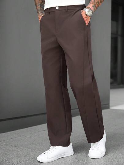 Manfinity CasualCool Men's Vintage Minimalist Fashion Coffee Brown Long Pants, Loose Casual Versatile