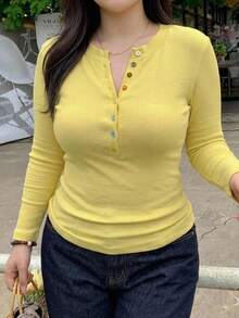 Dazy Plus 奶油黃彩虹彩色鈕扣裝飾修身長袖春夏秋新款性感T恤 - 黃色 - 查看 7