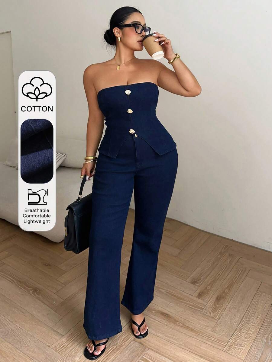 Dazy Plus Conjunto de denim de talla grande con chaleco elástico de ajuste ceñido y decoración de botón grande, de ajuste ceñido y acampanado para la primavera/verano - Azul lavado oscuro - Ver 1