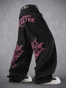 Manfinity Denimwave 男士街頭風 Grunge Y2K 哥德休閒做舊刺繡黑粉配色寬腿牛仔褲，適合演唱會、度假、海灘、假期、Rave、秋季 - 黑色 - 查看 6