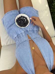 Rivivi Women's Deep V Halter Neck Non-Stretch Backless Sexy Denim Romper - Blue - View 1