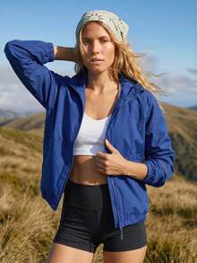 Exploreva Exploreva Women's Casual Modest Solid Color Zip-Up Hooded Outdoor Jacket Vacation Royal Blue Autumn - Blue - View 1