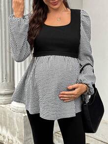 SHEIN Maternity Square Neck Long Sleeve Blouse Fall,Autumn Outfit For Women - Black - View 6