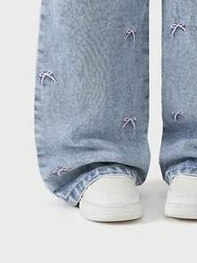 Elladie kids Girls' Denim Jeans All-Season New Style Cute Design Light Blue Denim Color With Pink Bow Embroidery Pattern Loose Straight-Leg Fit Back-To-School - Light Wash - View 4