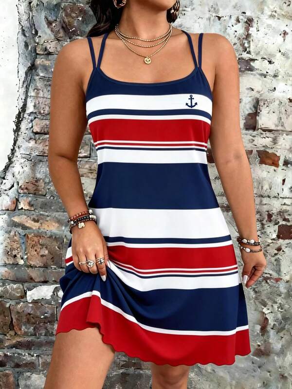 Breezaya Plus Size Striped Letter Print Colorblock Fashion Dress