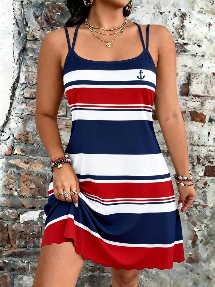 Breezaya Plus Size Striped Letter Print Colorblock Fashion Dress - Multicolor - View 1