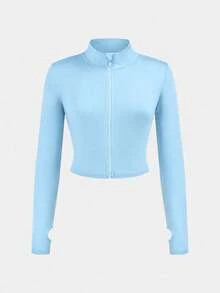 SHEIN Girlism Tween Girl NovaGlow 青少年女孩運動休閒日常針織素色開襟外套與喇叭褲套裝 - 藍色 - 查看 6
