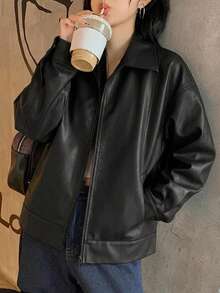 DAZY Lapel Zipper Loose Casual Motorcycle Leather Jacket, Long Sleeve Outerwear - Black - View 5