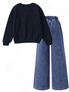 SHEIN Tween女孩 2件組圓領黑白藍休閒韓系可愛俏皮蝴蝶結印花衛衣 水洗寬鬆 S號 開學季秋季穿搭 - 彩色 - 查看 3